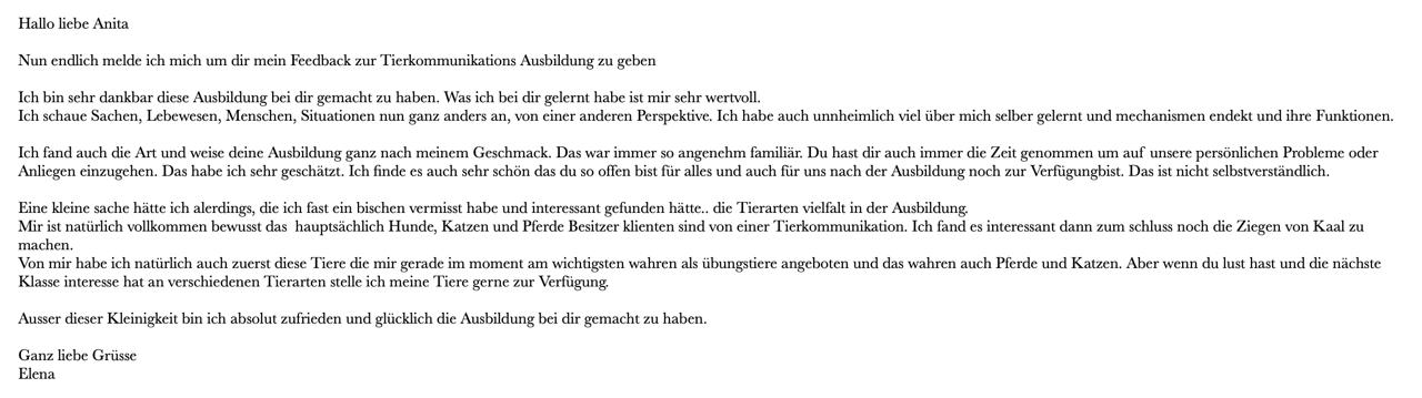 Feedback Ausbildung mediale Tierkommunikation